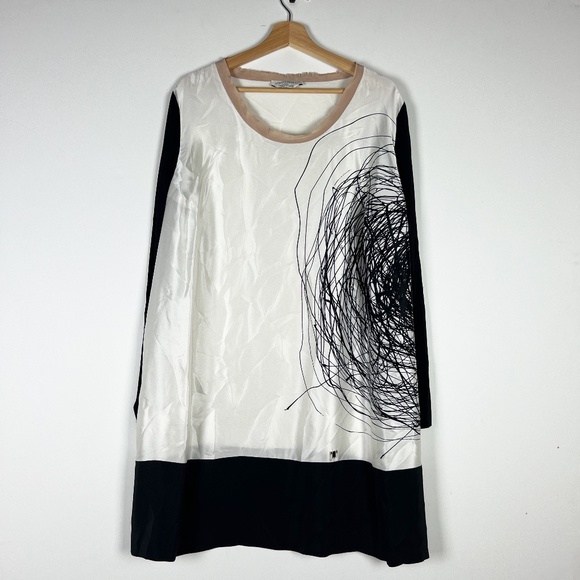 Marina Rinaldi Silk Satin Made In Italy Scoop Neck Abstract Print Pullover Dress - Picture 1 of 4